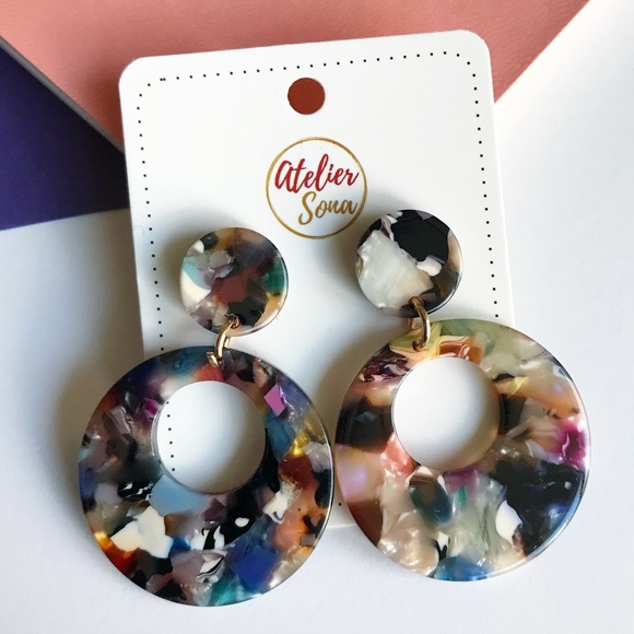 Atelier Sona Jewelry - Acrylic Stud Hoop Earrings - Multi Color Speckled